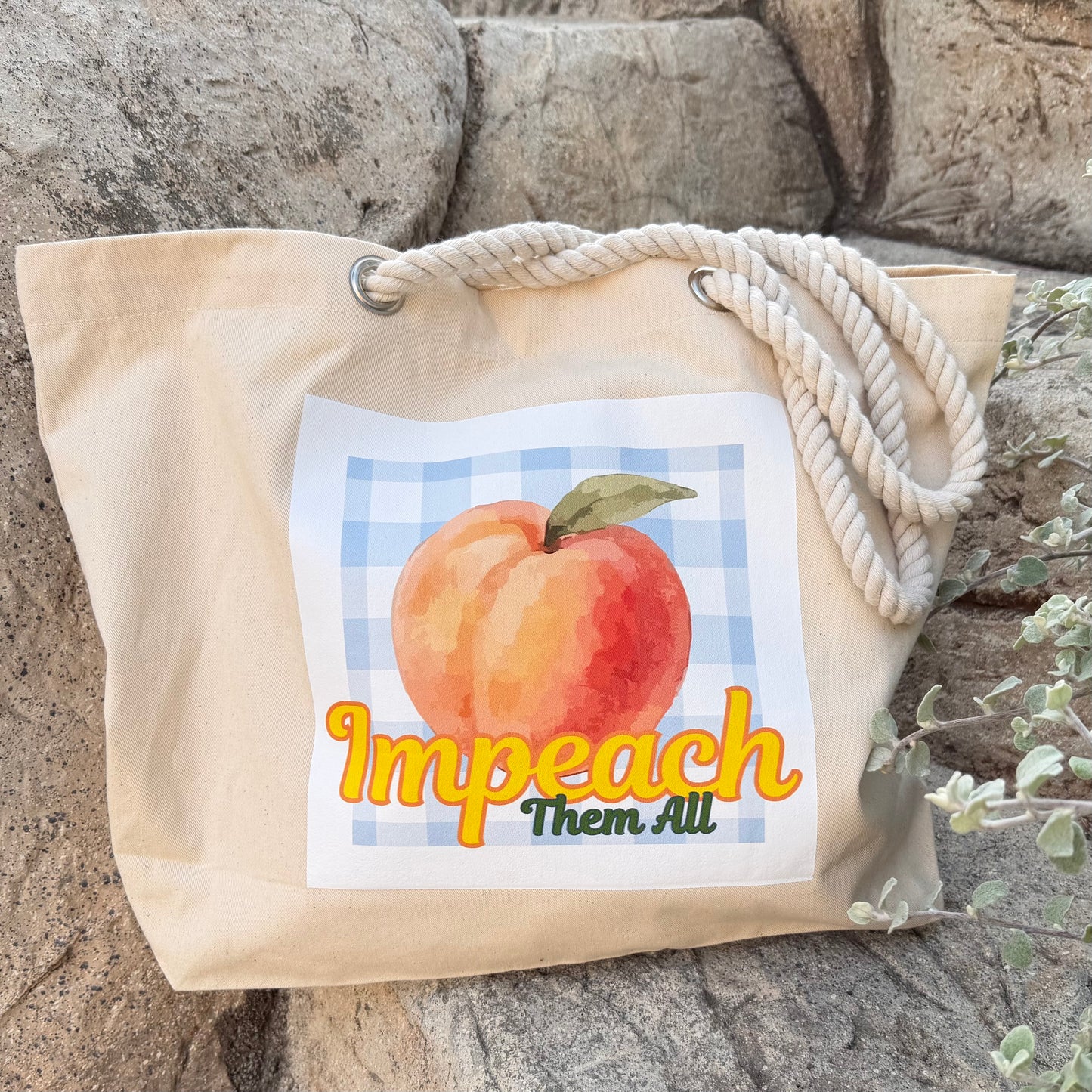 "Impeach Them All" X-Large Canvas Tote Lt Blue Gingham