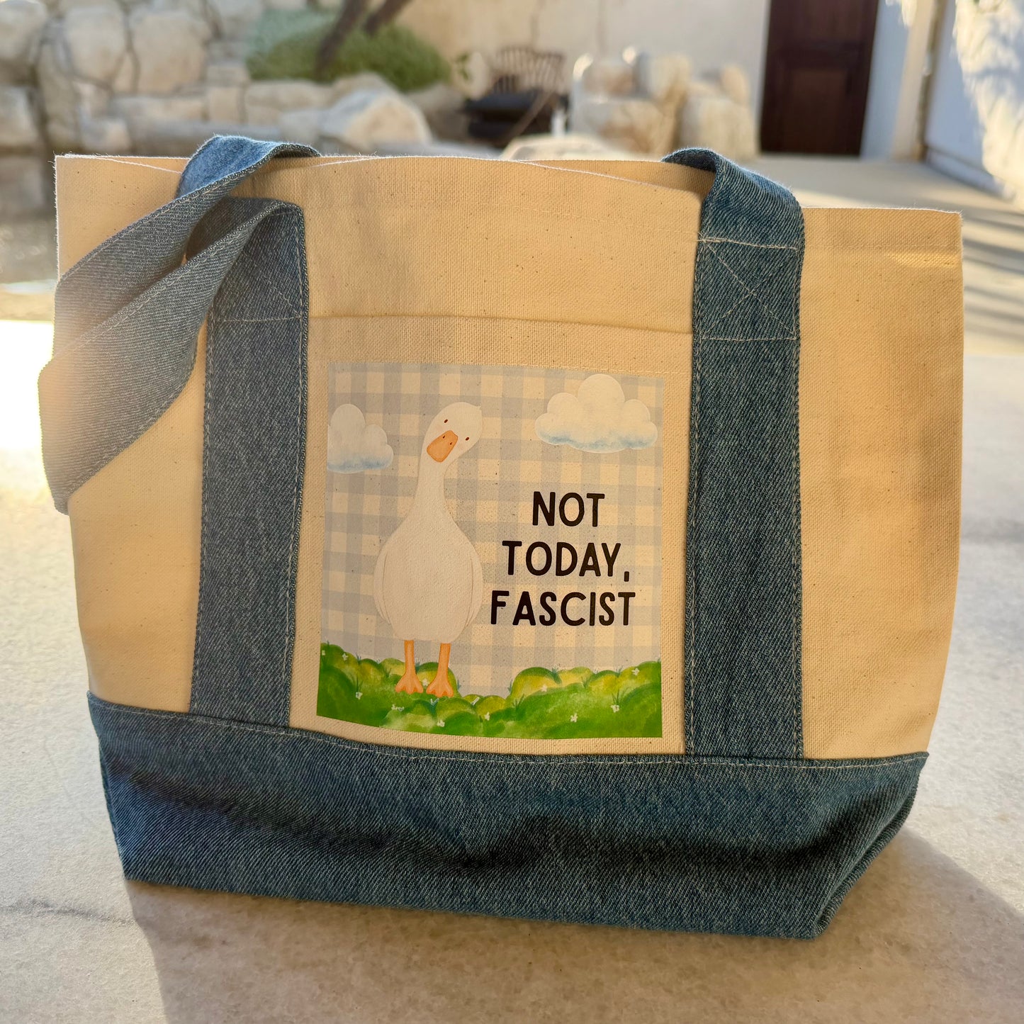 "Not Today, Fascist" Goose Mini Tote Canvas with Denim Trim