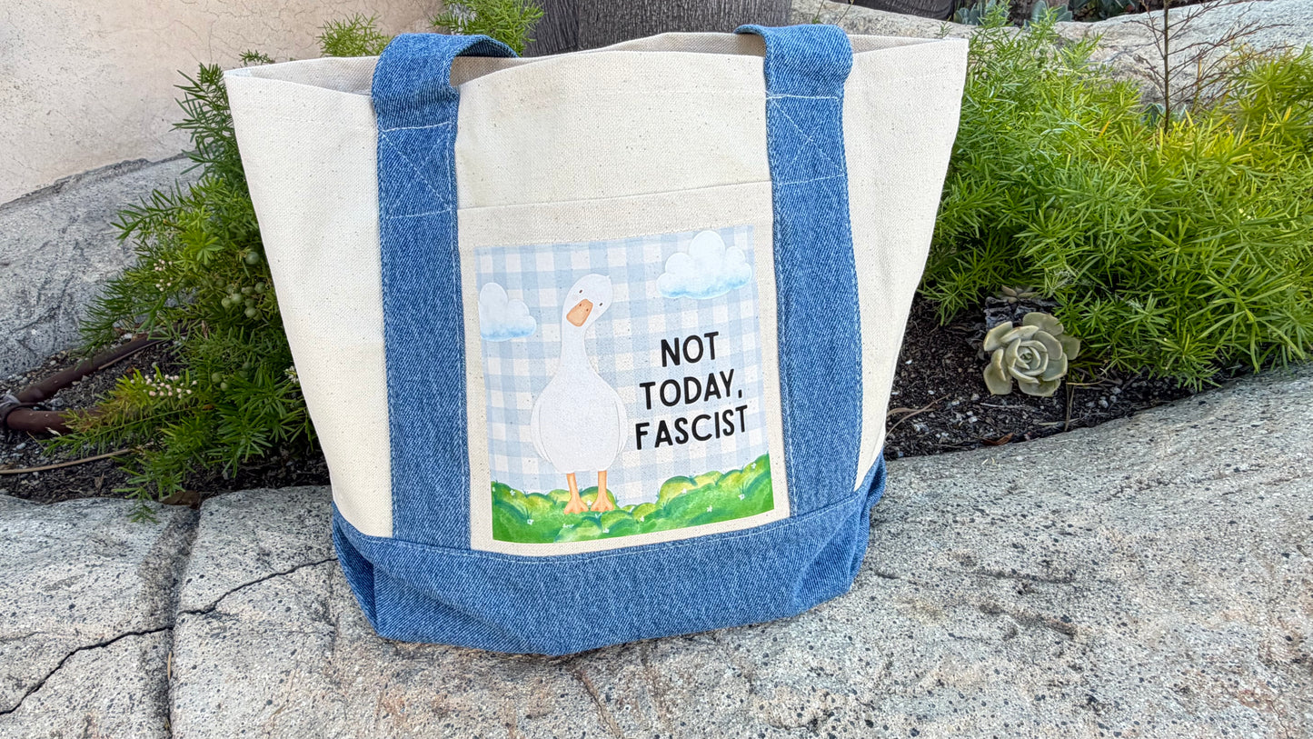 "Not Today, Fascist" Goose Mini Tote Canvas with Denim Trim