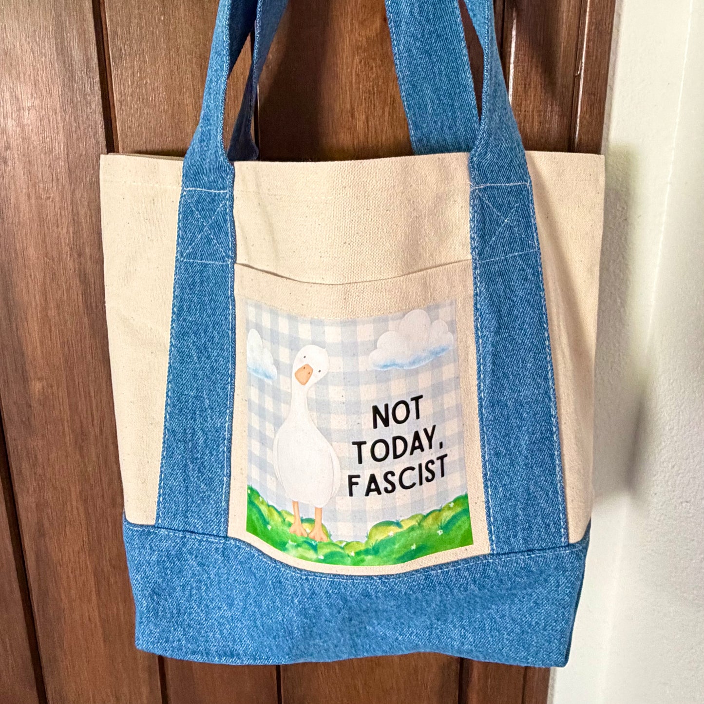 "Not Today, Fascist" Goose Mini Tote Canvas with Denim Trim