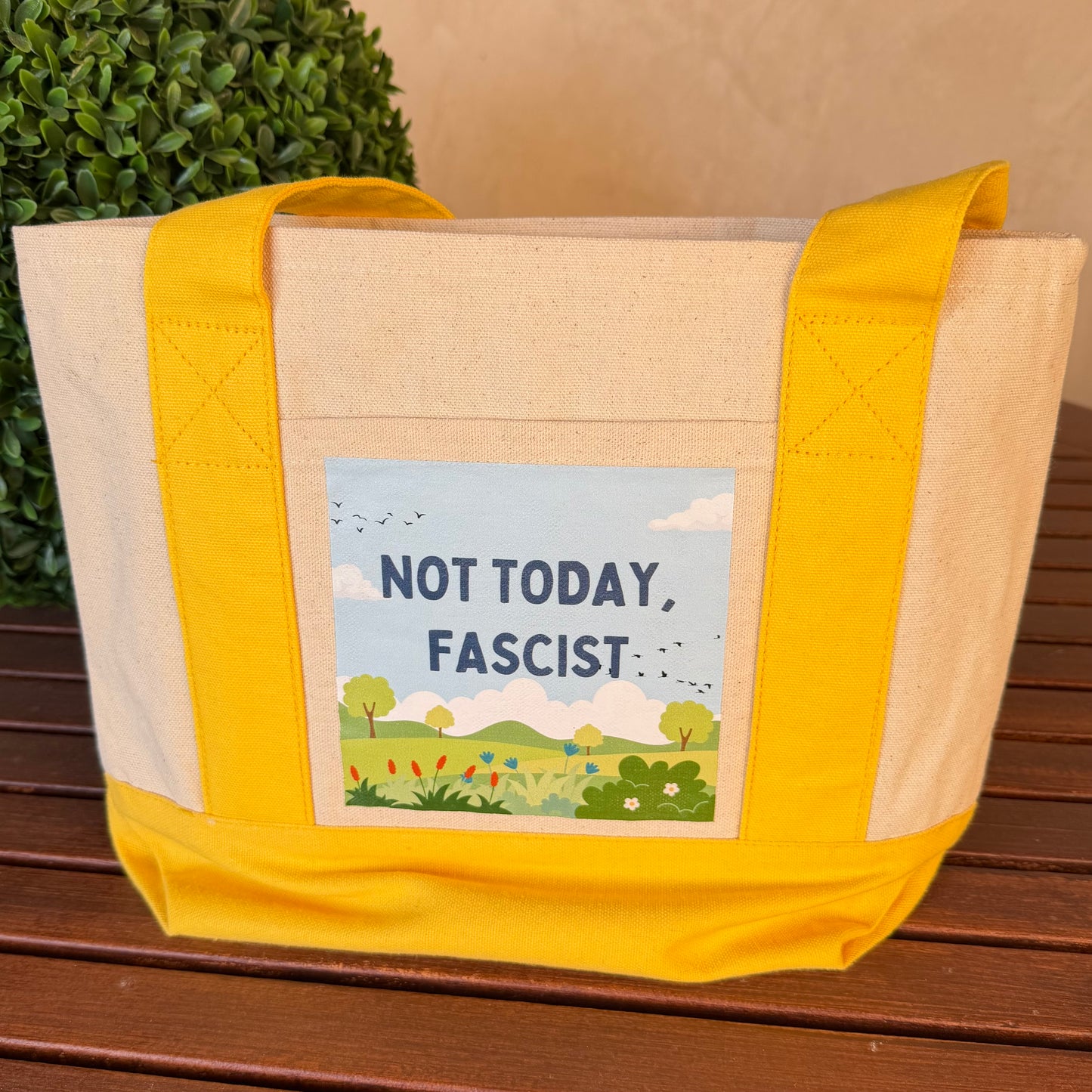 "Not Today, Fascist" Meadow Mini Tote with Sunshine Trim