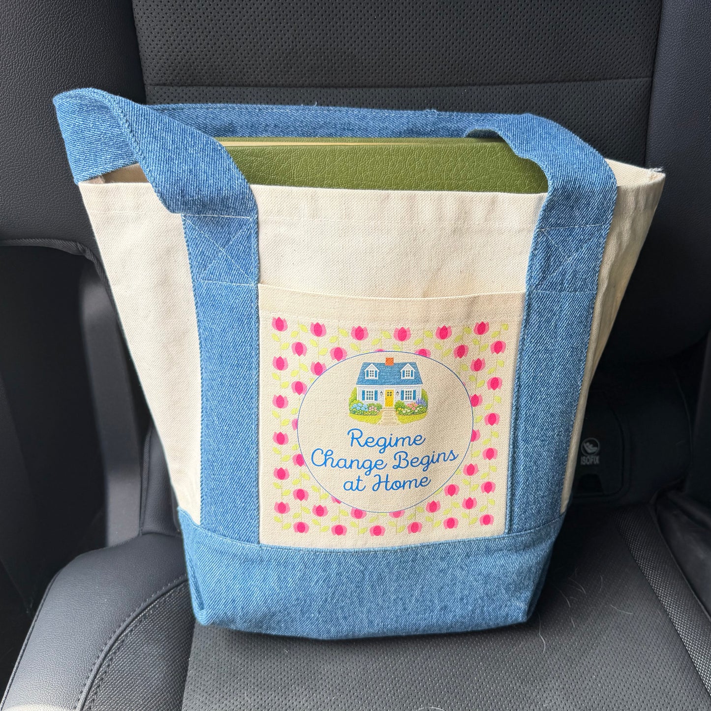 "Regime Change Begins at Home" Mini Tote Canvas with Denim Trim