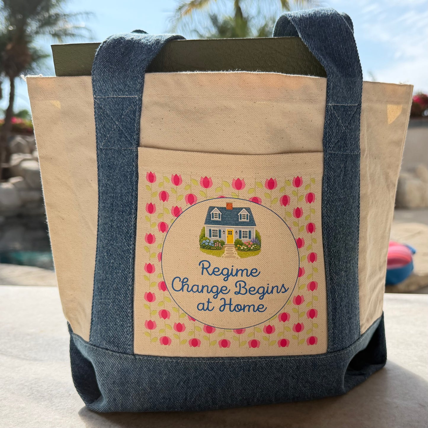 "Regime Change Begins at Home" Mini Tote Canvas with Denim Trim