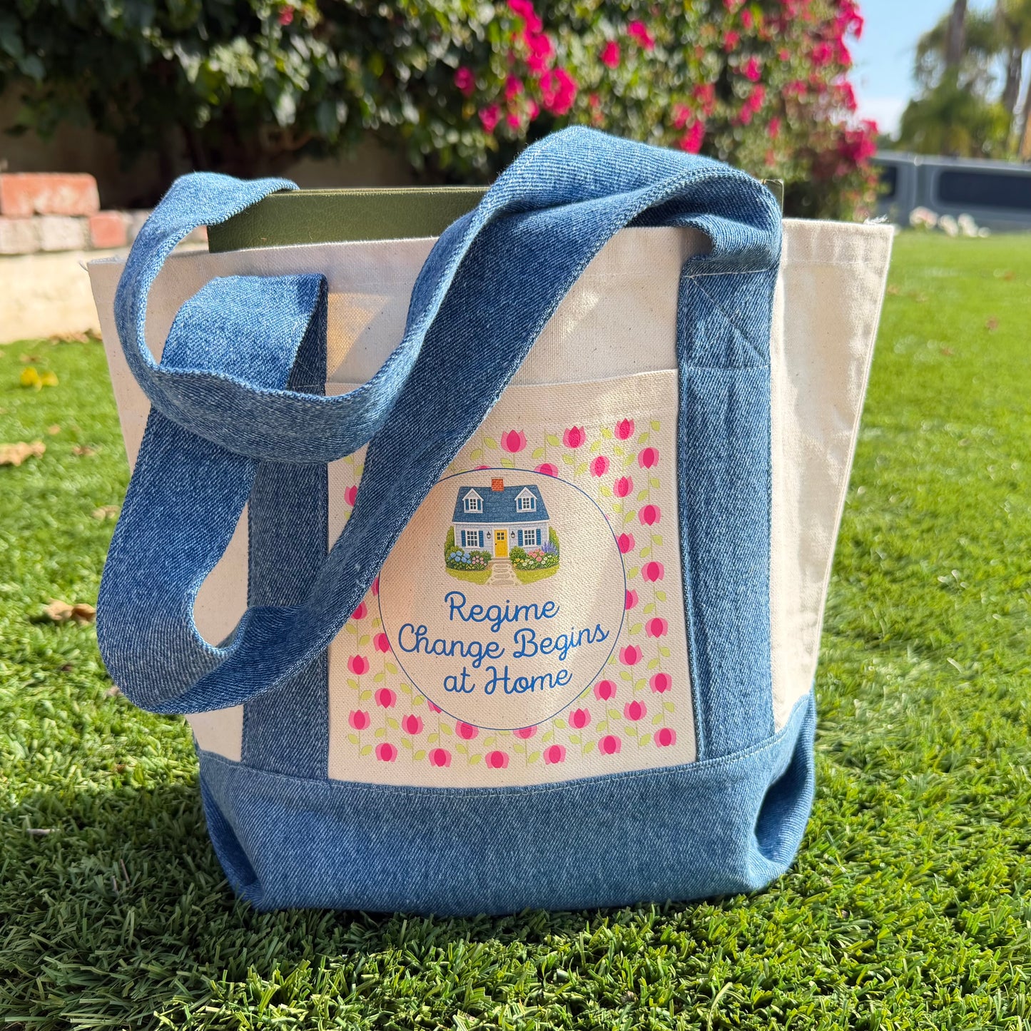 "Regime Change Begins at Home" Mini Tote Canvas with Denim Trim