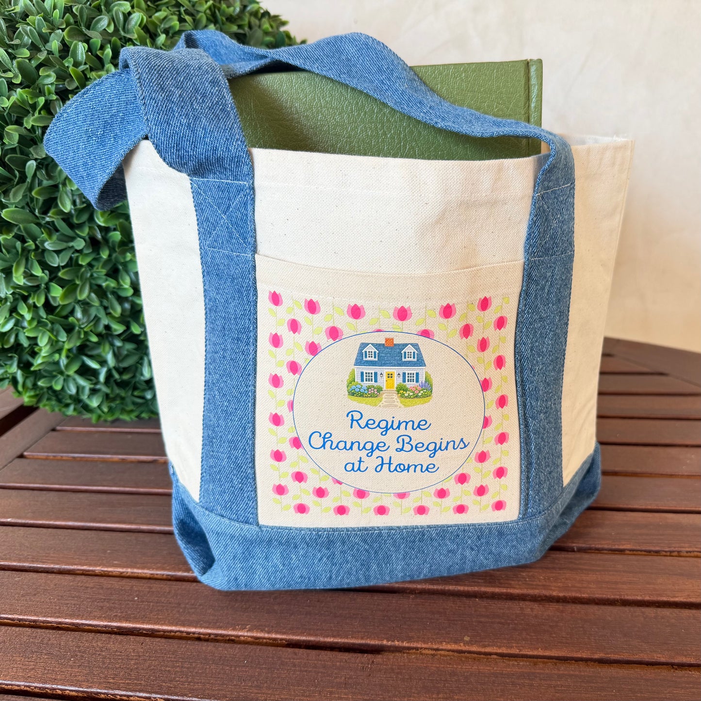 "Regime Change Begins at Home" Mini Tote Canvas with Denim Trim