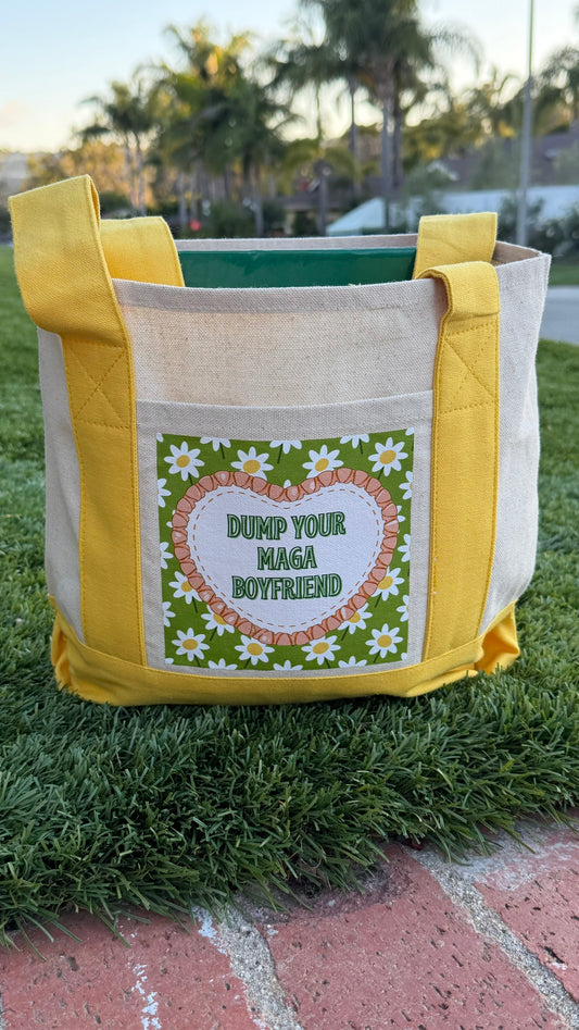 "Dump Your MAGA Boyfriend" Daisy Mini Tote with Sunshine Trim