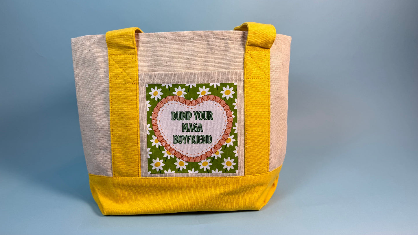 "Dump Your MAGA Boyfriend" Daisy Mini Tote with Sunshine Trim