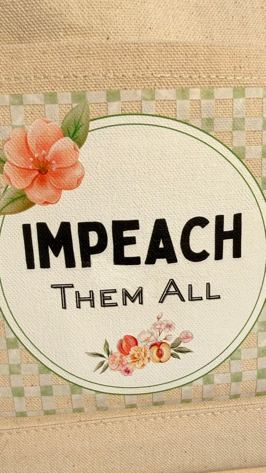 "Impeach Them All" Mini Tote Natural with Sage and Peach Emblem