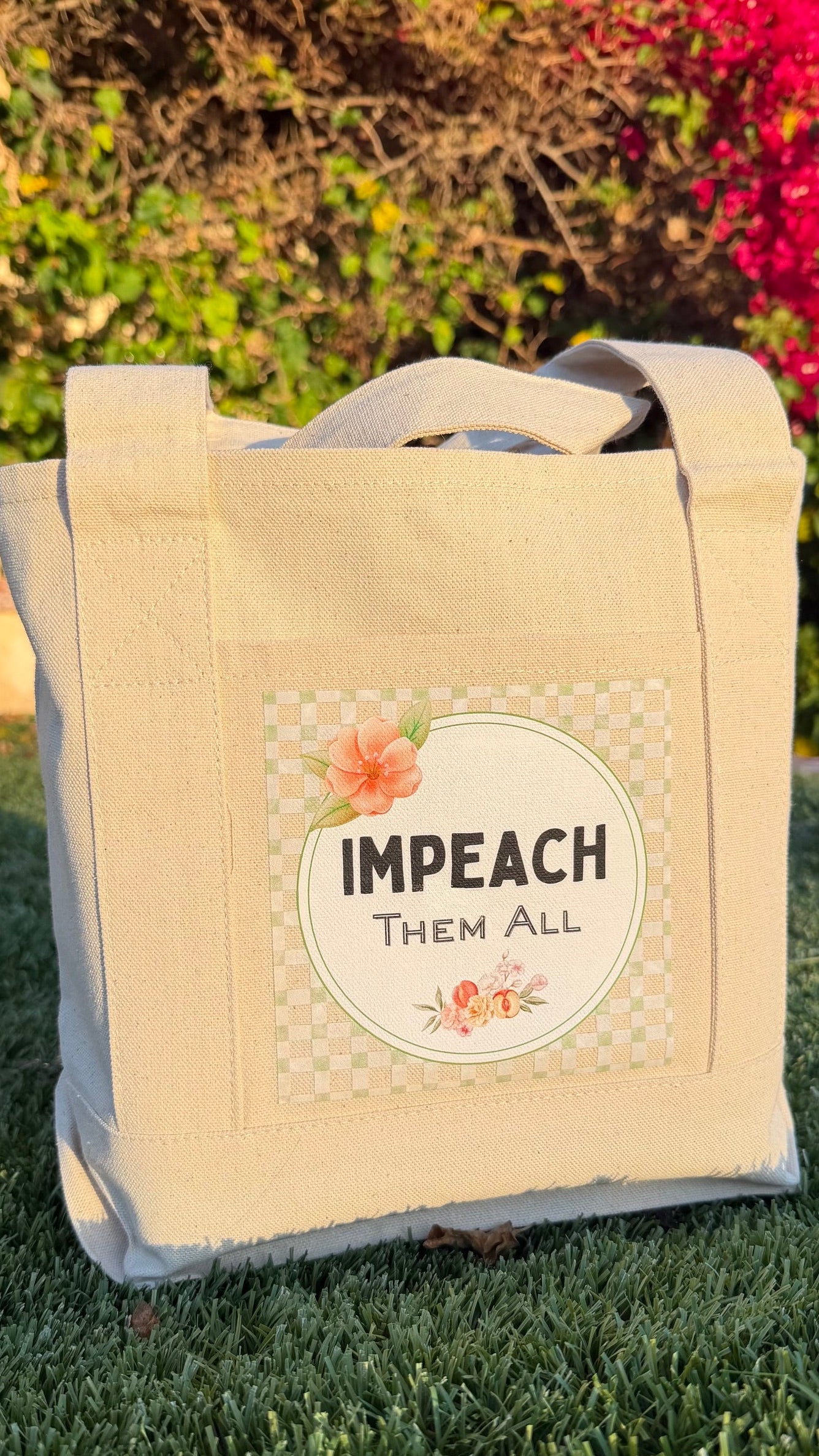 "Impeach Them All" Mini Tote Natural with Sage and Peach Emblem